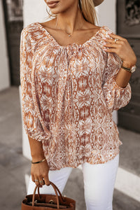 Drawstring Blouse | Brown 3/4 Sleeve Top