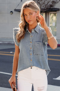 Denim Shirt | Beau Blue Frayed Ruffle Sleeve Top