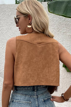 Load image into Gallery viewer, Camel Fringed Snap Button Front Suedette Vest | Outerwear/Jackets
