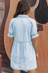 Beau Blue Mineral Wash Ruffled Short Sleeve Buttoned Denim Dress | Dresses/Mini Dresses