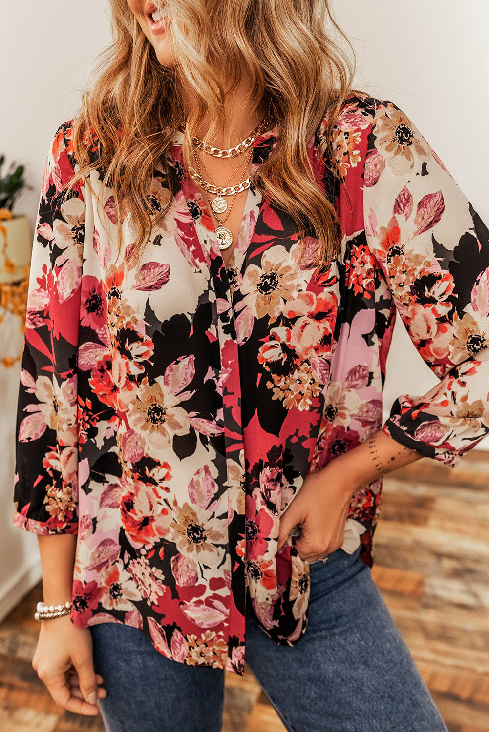 Red Floral Print Button Up Casual Shirt | Tops/Blouses & Shirts