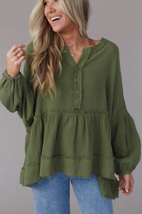 Green Henley Button Drop Shoulder Top