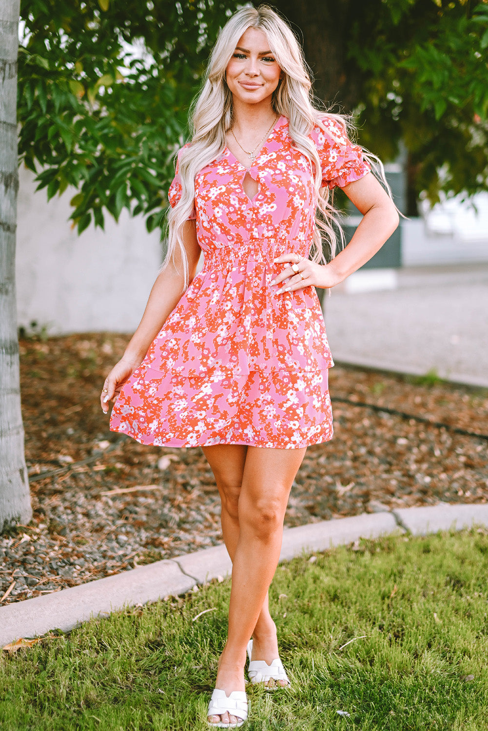 Pink Floral V Neck Short Ruffle Tiered Dress | Dresses/Floral Dresses