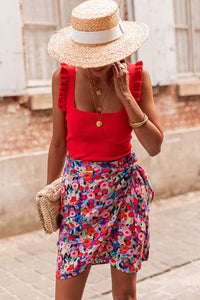 Mini Skirt | Red Floral Wrapped Lace up Skirt