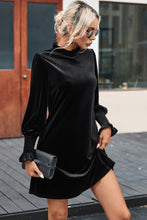 Load image into Gallery viewer, Black Velvet Frill Neck Long Sleeve Shift Dress | Dresses/Mini Dresses
