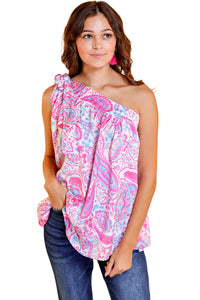 One Shoulder Tank Top | Multi-Color Knotted One Shoulder Paisley Print