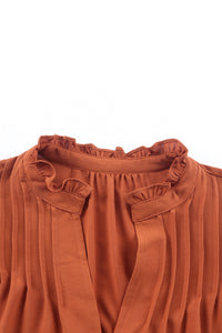 Orange Ruffled Pleated Buttoned V Neck Blouse | Tops/Blouses & Shirts