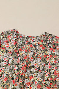 Babydoll Top | Khaki V Neck Ruffled Floral Blouse