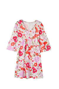 Orange V Neck 3/4 Sleeve Floral Dress | Dresses/Floral Dresses