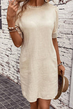 Load image into Gallery viewer, Puff Sleeve Mini Dress | Beige Crinkle Lace Trim Shift Dress
