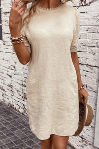 Puff Sleeve Mini Dress | Beige Crinkle Lace Trim Shift Dress