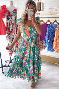 Green Floral Print Sleeveless Ruffle Tiered Maxi Dress | Dresses/Floral Dresses