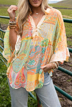 Load image into Gallery viewer, Multicolor Paisley Print Bell Sleeve Lace V-Neck Button Sheer Blouse | Tops/Blouses &amp; Shirts
