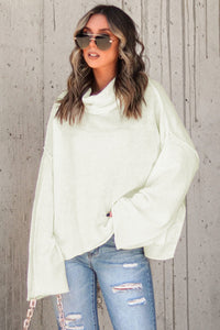 White Expose Seam Turtle Neck Side Slit Oversized Sweater | Tops/Sweaters & Cardigans