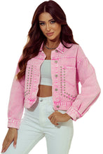 Load image into Gallery viewer, Womens Denim Jacket | Pink Rivet Studded Pocketed Denim Jacket | Outerwear/Denim jackets
