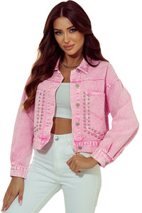 Womens Denim Jacket | Pink Rivet Studded Pocketed Denim Jacket | Outerwear/Denim jackets