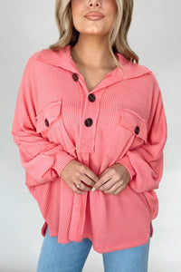 Pink Corded Flap Pocket Henley Top | Tops/Long Sleeve Tops