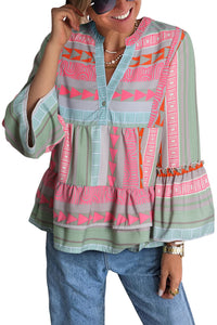 Multicolour Boho Geometric Print Split Neck Ruffle Blouse | Tops/Blouses & Shirts