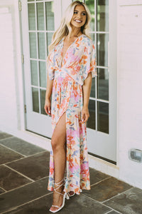 Multicolor Tropical Floral Print Ruched V Neck Maxi Dress | Dresses/Floral Dresses