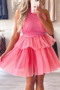 Strawberry Pink Gauze Ruffle Tiered Knotted Halter Dress | Dresses/Mini Dresses