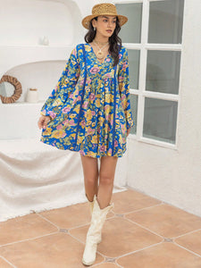 Mini Dress | Printed V-Neck Balloon Sleeve Dress