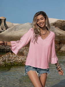 Pink V-Neck Lace Flounce Sleeve Blouse