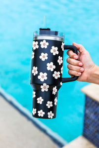 Black Floret Print Stainless Tumbler With Lid And Straw 40oz | Accessories/Tumblers