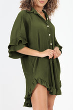 Load image into Gallery viewer, Pleated Shirt Dress | Green High-Low Hem Ruffle Sleeve Dress
