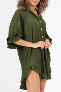 Pleated Shirt Dress | Green High-Low Hem Ruffle Sleeve Dress