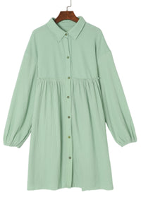 Puff Sleeve Dress | Green Patchwork Crinkle Shirt Dress