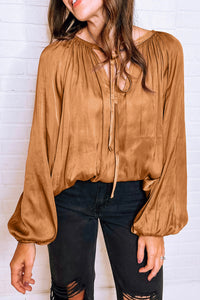 Puff Sleeve Blouse | Camel Satin Pleated Tied V Neck Top