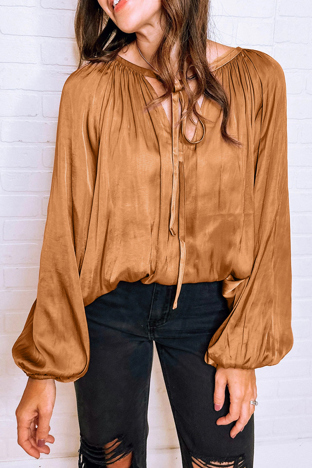 Puff Sleeve Blouse | Camel Satin Pleated Tied V Neck Top