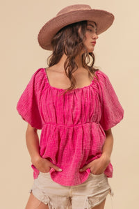 Puff Sleeve Top | Pleated Pink Blouse