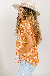 Orange Satin Floral Puff Sleeve Tied Split Neck Top | Tops/Tops & Tees