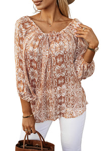 Drawstring Blouse | Brown 3/4 Sleeve Top