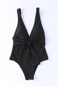 Black Deep V Neck Tie Waist One-piece Swimsuit | Swimwear/One Piece Swimsuit