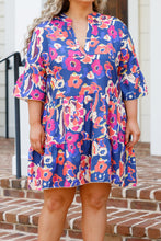 Load image into Gallery viewer, Blue Plus Size Floral Print Ruffled 3/4 Sleeve Mini Dress | Plus Size/Plus Size Dresses/Plus Size Mini Dresses
