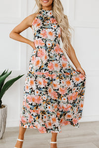 Black Boho Floral Print Knotted Halter Ruffled Maxi Dress | Dresses/Maxi Dresses