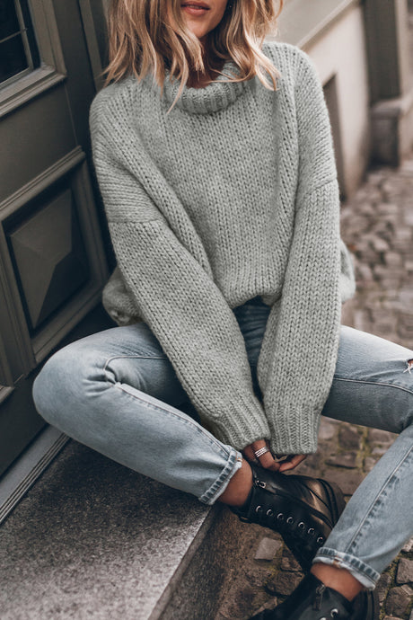 Light Grey Chunky Knit Turtle Neck Drop Shoulder Sweater | Tops/Sweaters & Cardigans