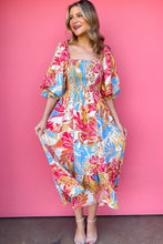 Load image into Gallery viewer, Rose Red Tropical Print Smocked Bodice Puff Sleeve Maxi Dress | Dresses/Floral Dresses
