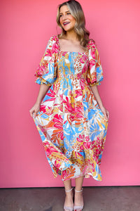 Rose Red Tropical Print Smocked Bodice Puff Sleeve Maxi Dress | Dresses/Floral Dresses