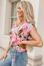 Load image into Gallery viewer, Pink Floral Print Tassel Tie Short Sleeve Blouse | Tops/Blouses &amp; Shirts
