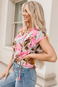 Pink Floral Print Tassel Tie Short Sleeve Blouse | Tops/Blouses & Shirts