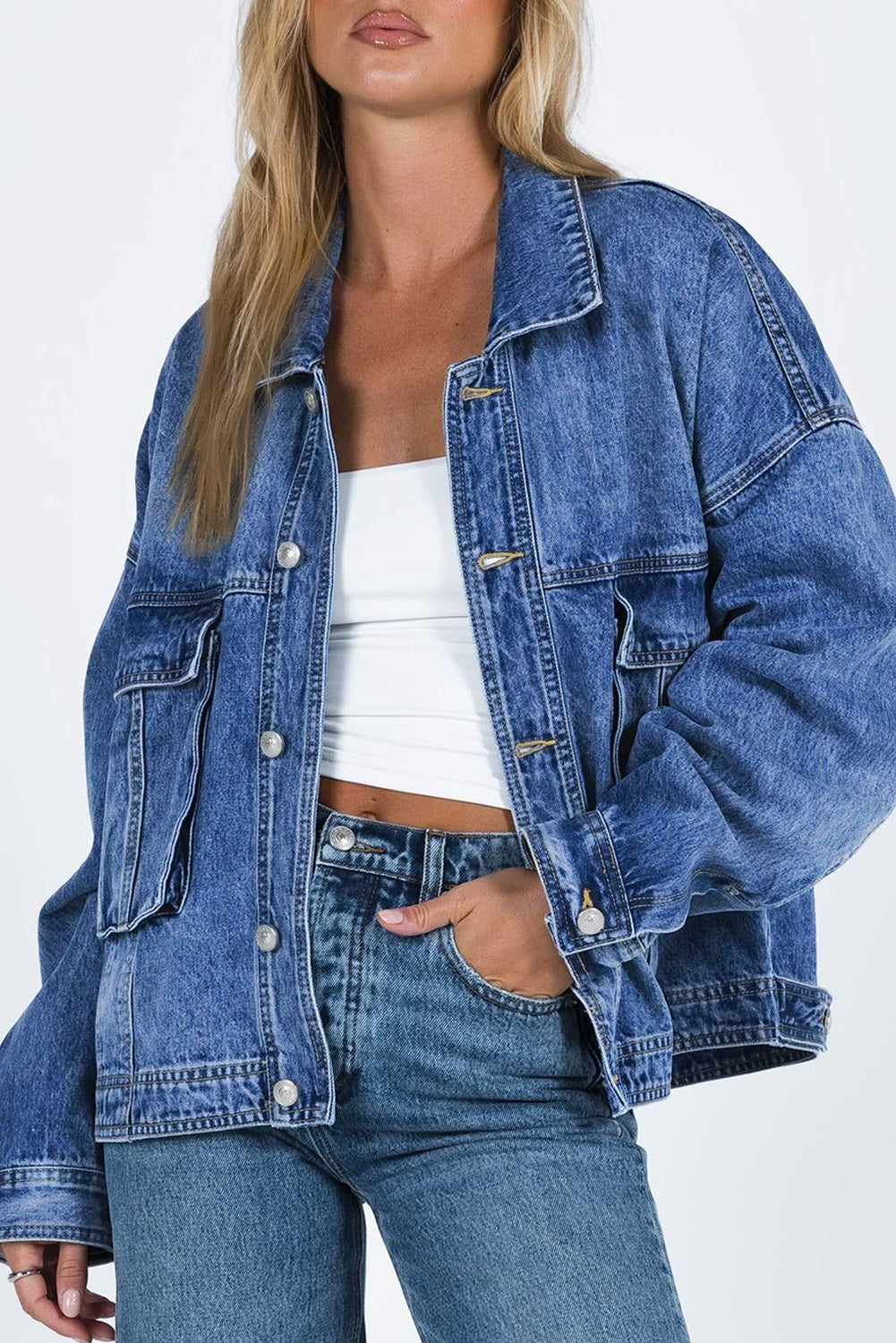 Loose Denim Jacket | Blue Chest Pockets Drop Shoulder Jacket