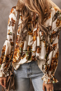 Floral Blouse | Apricot Split Neck Flounce Sleeve Top