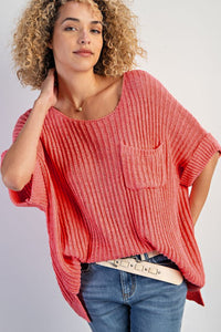 Fresh Salmon Rolled Cuffs Loose Knit Tee with Slits | Tops/Short Sleeve Sweaters