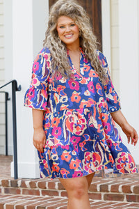 Blue Plus Size Floral Print Ruffled 3/4 Sleeve Mini Dress | Plus Size/Plus Size Dresses/Plus Size Mini Dresses