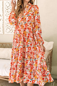 Multicolor Boho Floral Collared Long Sleeve Ruffled Dress | Dresses/Floral Dresses