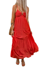 Load image into Gallery viewer, Womens Maxi Dress | Red O-ring Smocked Back Spaghetti Straps Tiered Maxi Dress | Dresses/Maxi Dresses
