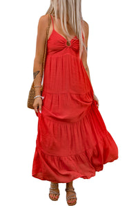 Womens Maxi Dress | Red O-ring Smocked Back Spaghetti Straps Tiered Maxi Dress | Dresses/Maxi Dresses